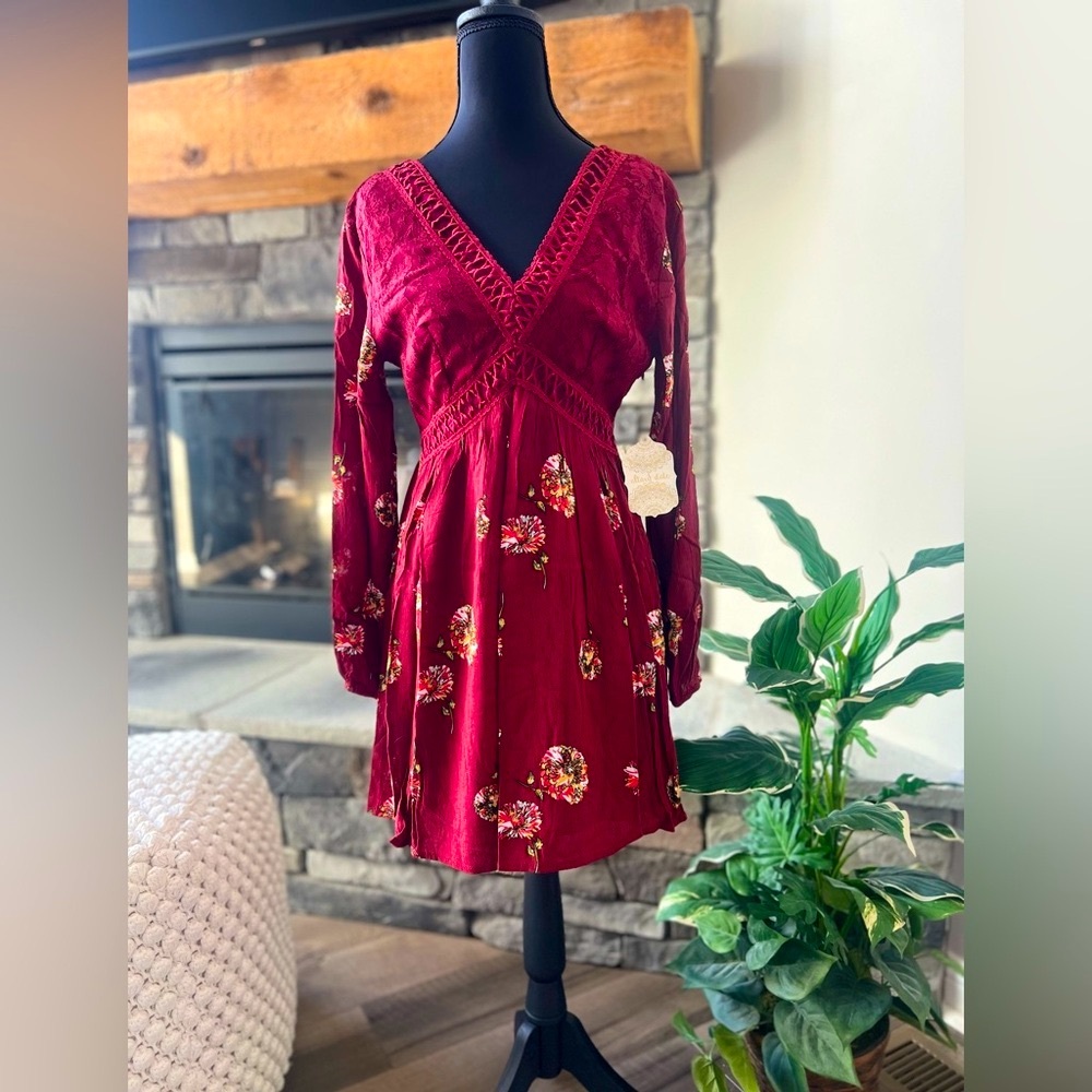 Altar'd State Burgundy Boho Floral Long Sleeve Dress